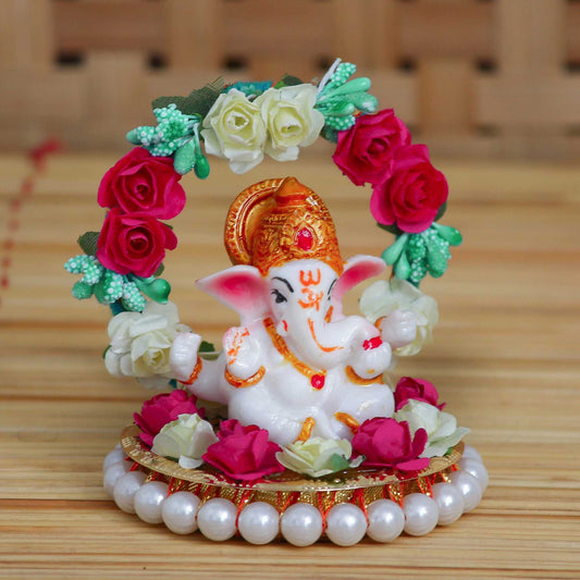 eCraftIndia Lord Ganesha Idol on Decorative Handcrafted Plate with Throne of Colorful Flowers - Harappakart