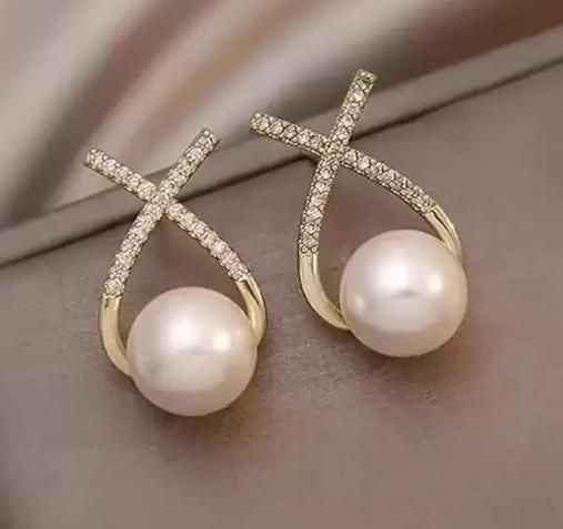 Korean Studded Cross Pearl Stud Earrings - Harappakart