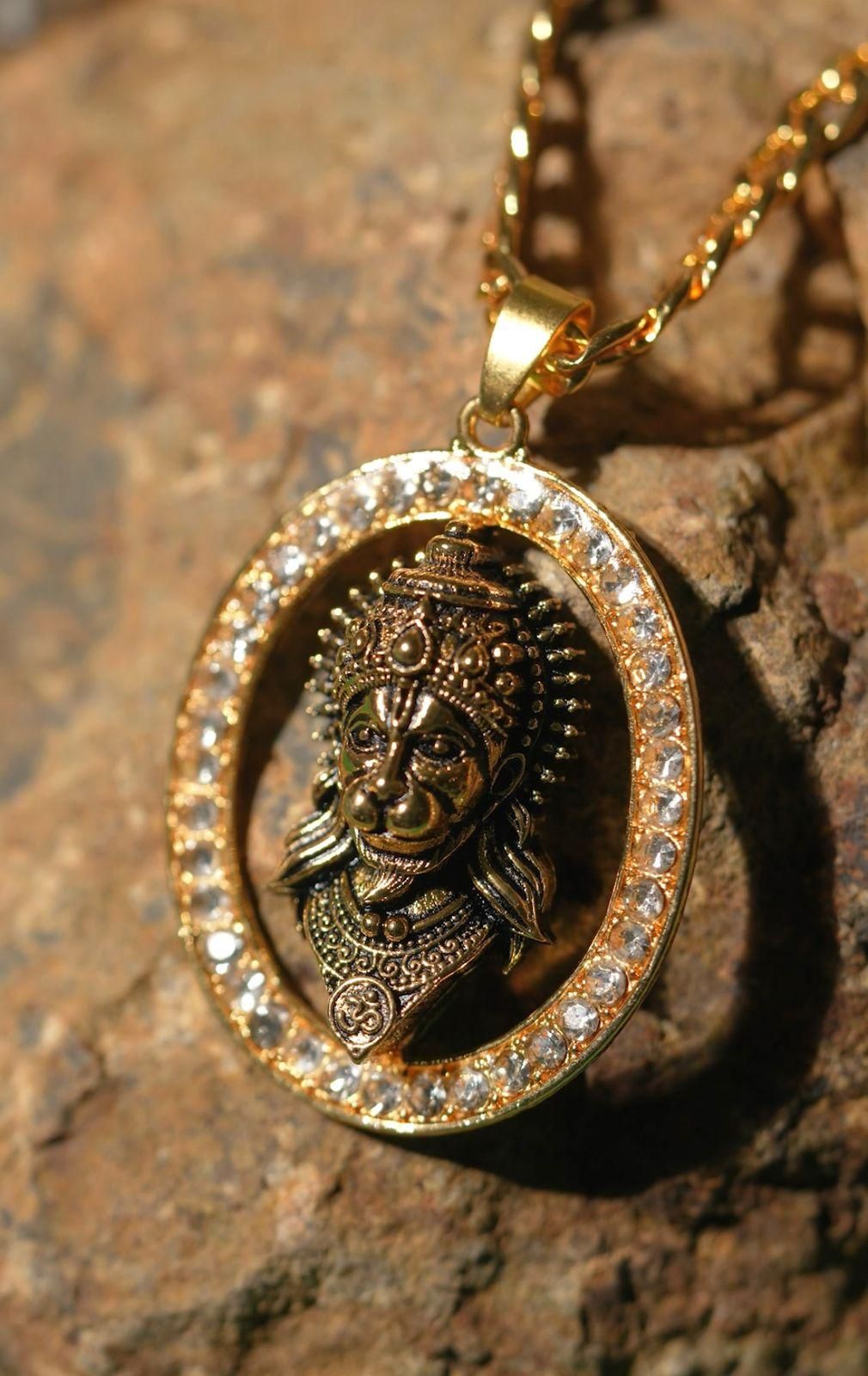 Gold-plated Hanuman Face Diamond Alloy Pendant Locket Set - Harappakart