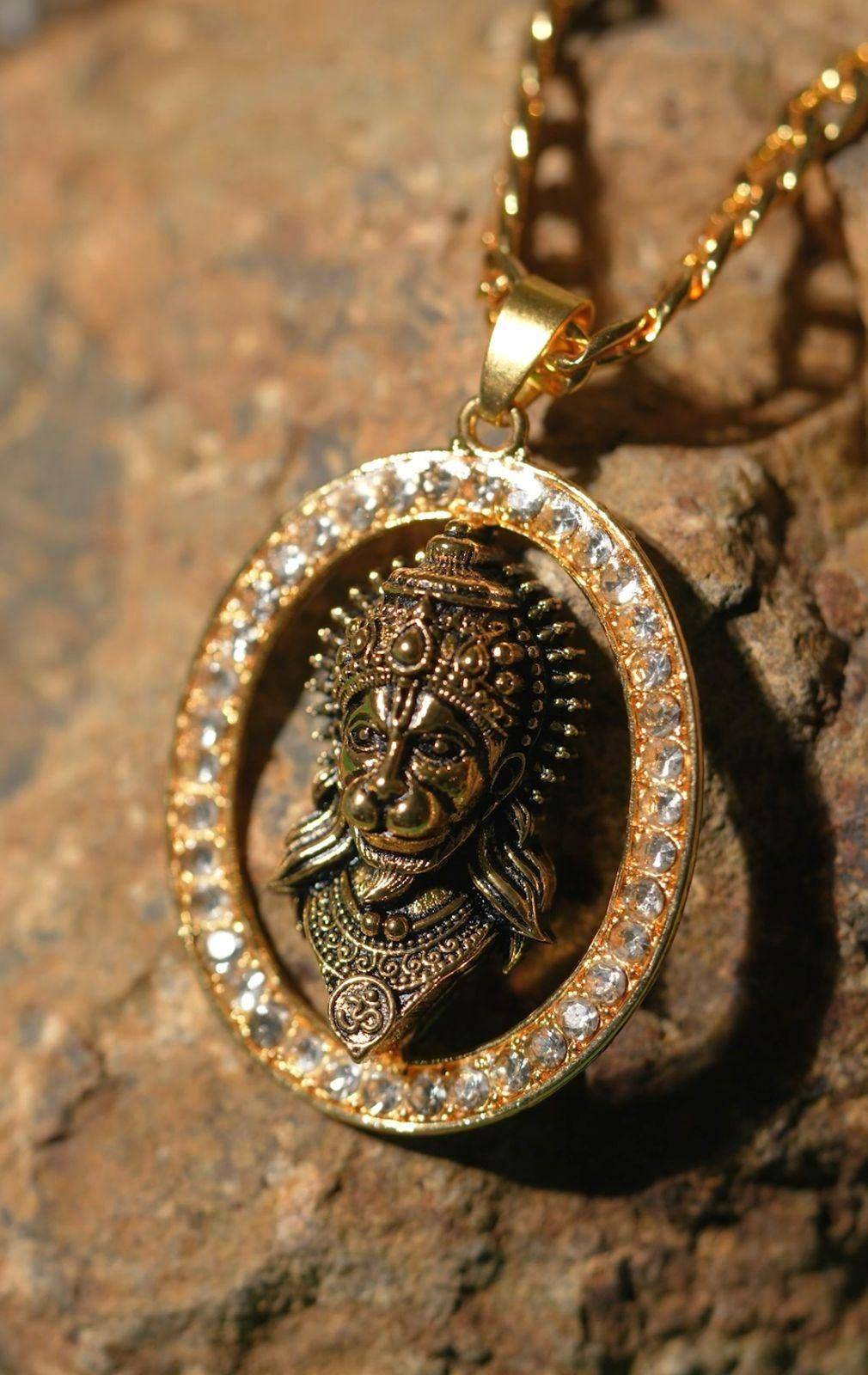 Gold-Plated Hanuman Pendant Locket Set with Diamond Accents in Alloy - Harappakart