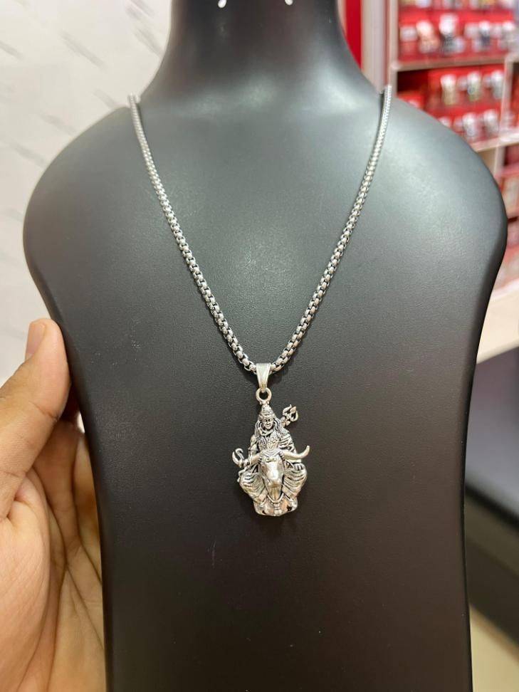 Lord Shiva With Nandi Silver Pendant Chain for Spiritual Elegance - Harappakart