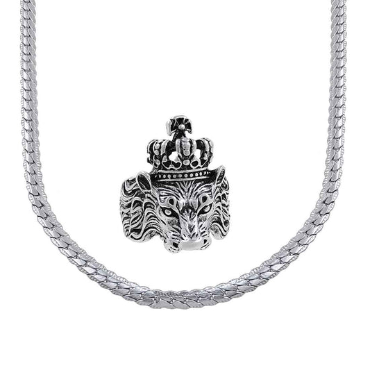 Silver Plated Chain and Ring Combo Set - Adjustable KGF Lion Shape with Rhodium Plated Stainless Steel - Harappakart