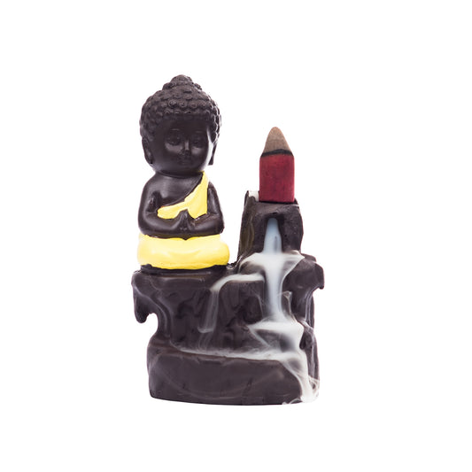 eCraftIndia Meditating Monk Buddha Smoke Backflow Cone Incense Holder Decorative Showpiece with 10 free Smoke Backflow Scented Cone Incenses - Harappakart