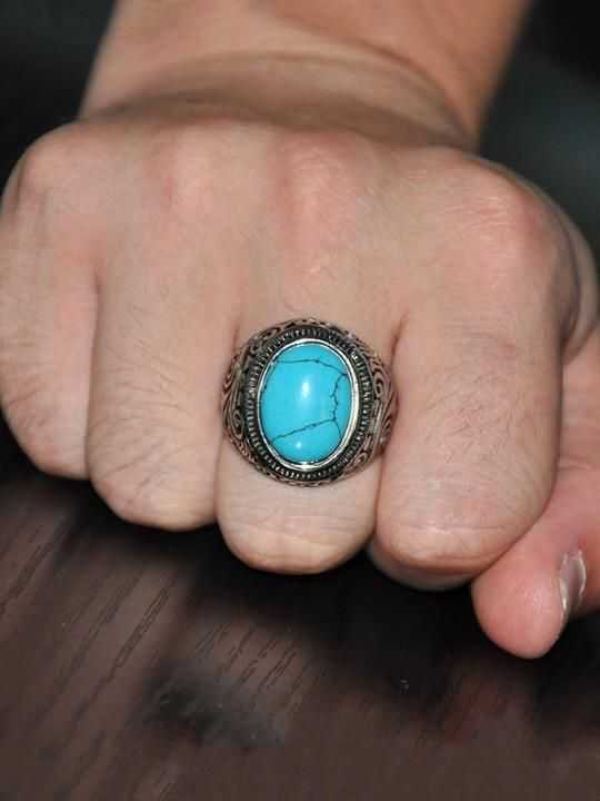 Men Silver-Plated Blue Stone Studded Oxidized Ring - Harappakart
