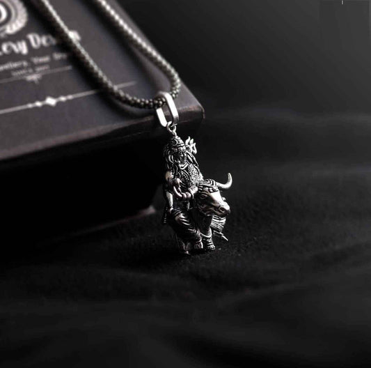 Lord Shiva With Nandi Silver Pendant Chain for Spiritual Elegance - Harappakart