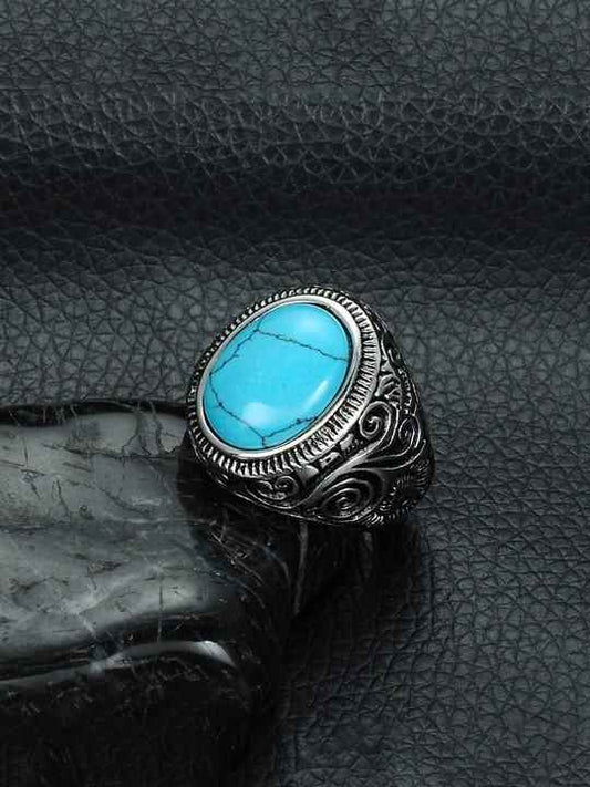 Men Silver-Plated Blue Stone Studded Oxidized Ring - Harappakart