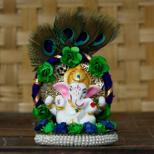 eCraftIndia Lord Ganesha Idol on Decorative Handcrafted Floral Plate with Peacock Feather for Home and Car - Harappakart
