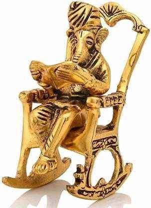 Golden Lord Ganesha Statue Sitting On A Rocking Chair And Reading Ramayan Showpiece
