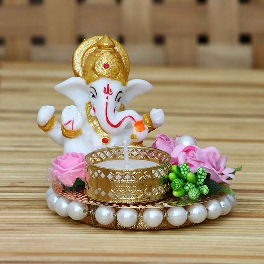 eCraftIndia Lord Ganesha Idol on Decorative Plate with Tea Light Holder - Harappakart