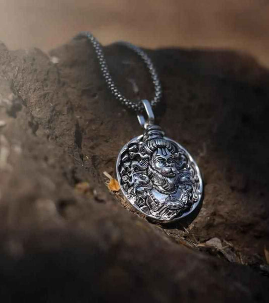 Hanuman Ji Pendant Silver Chain Necklace in Oxidised Silver - Harappakart