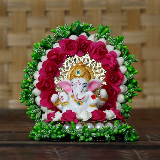 eCraftIndia Lord Ganesha Idol on Decorative Handcrafted Green Floral Plate for Home and Car - Harappakart