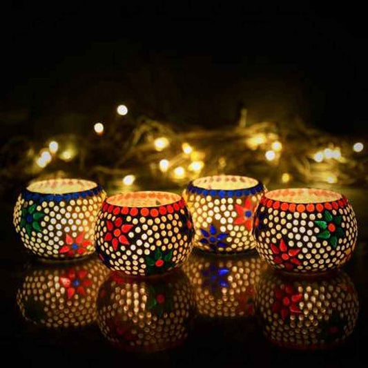 eCraftIndia Set of 4 Mosaic Glass Decorative Tea Light Holder - Harappakart