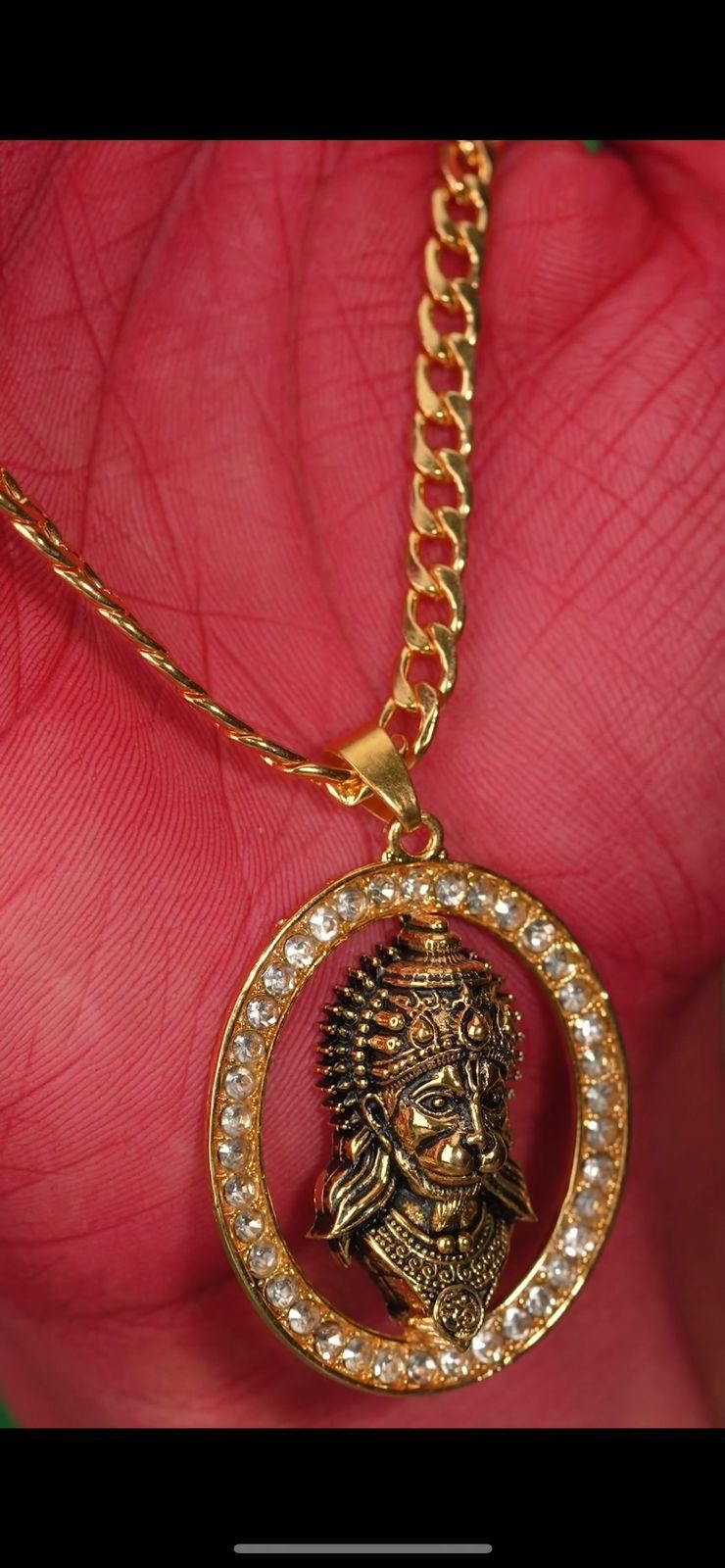 Gold-plated Hanuman Face Diamond Alloy Pendant Locket Set - Harappakart