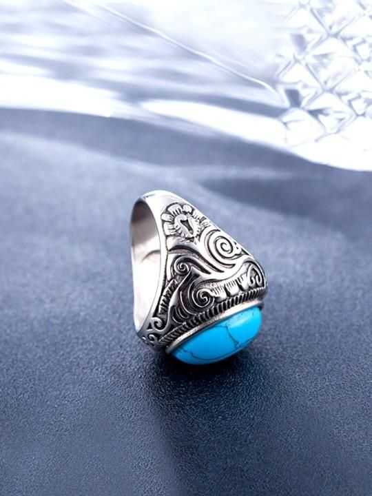Men Silver-Plated Blue Stone Studded Oxidized Ring - Harappakart