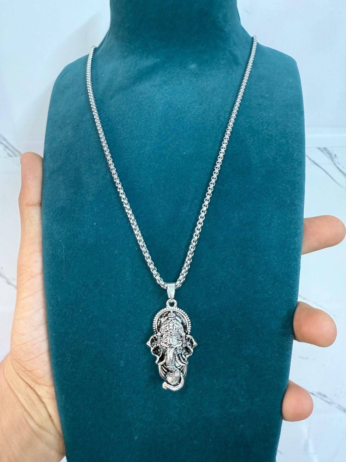 Ganesha Pendant With Snake Chain (Silver) - Harappakart