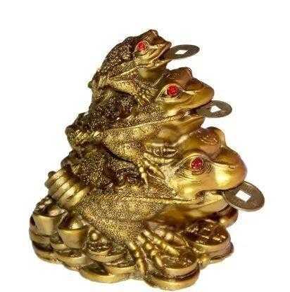 Triple Frog Family With Money Coin & Ingot for health Wealth Power & Prosperity - 10 cm - Harappakart