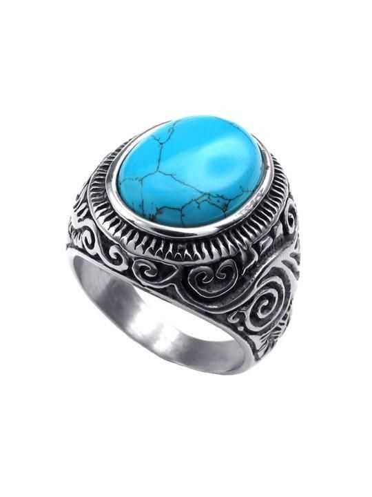 Men Silver-Plated Blue Stone Studded Oxidized Ring - Harappakart
