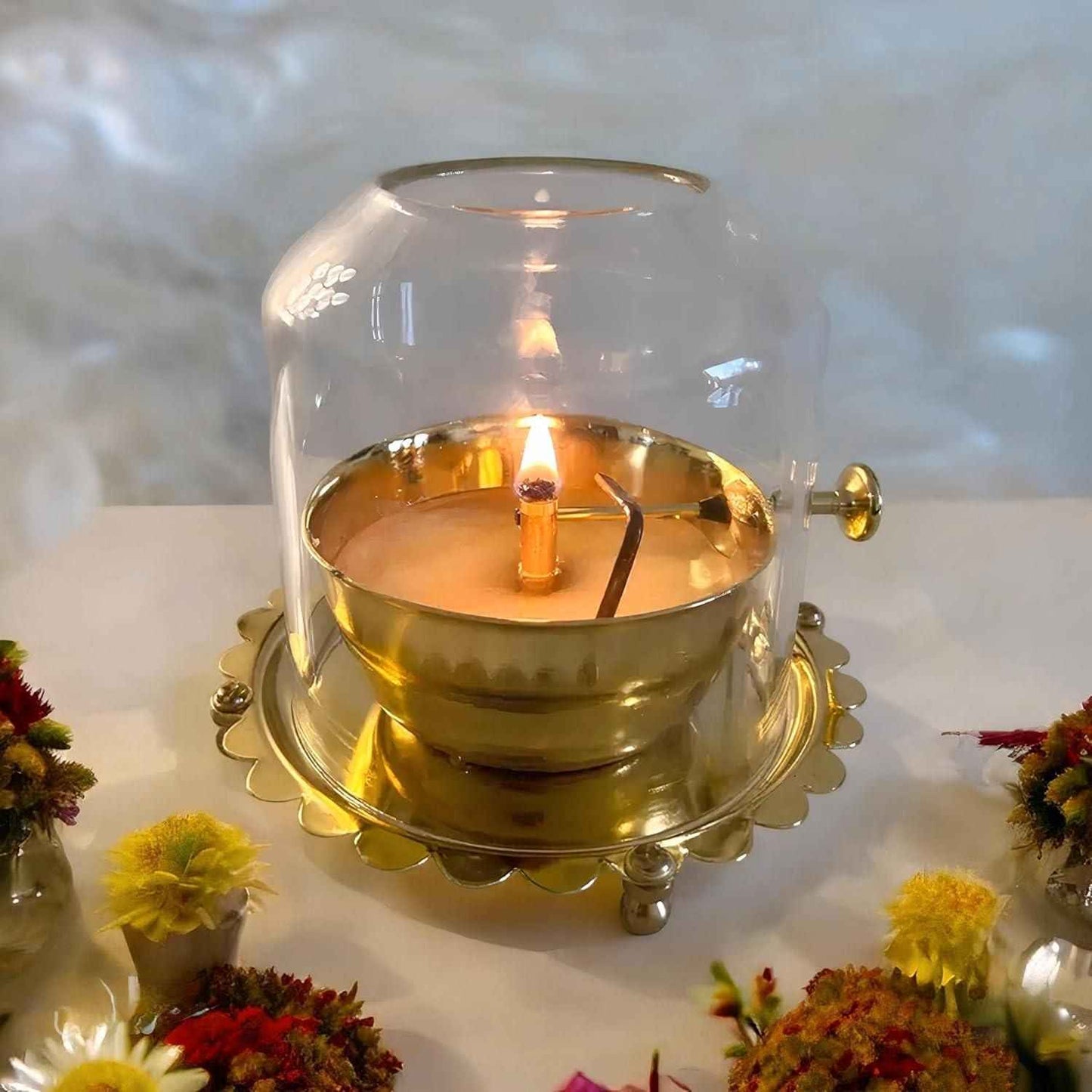Golden Brass Akhand Diya Oil Lamp with Rotating Wick - Harappakart