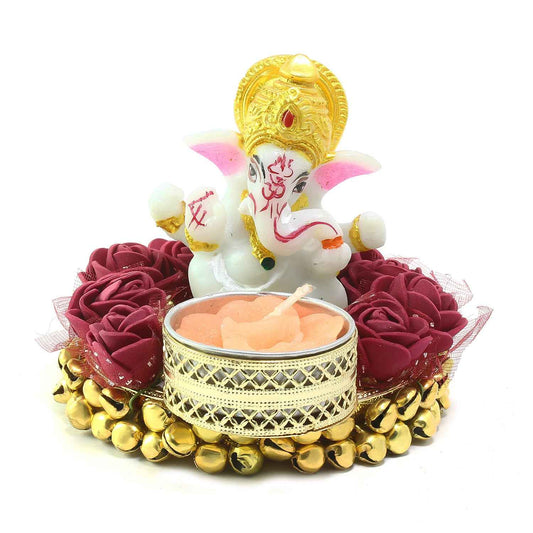 eCraftIndia Lord Ganesha Idol on Decorative Plate with Tea Light Holder - Harappakart