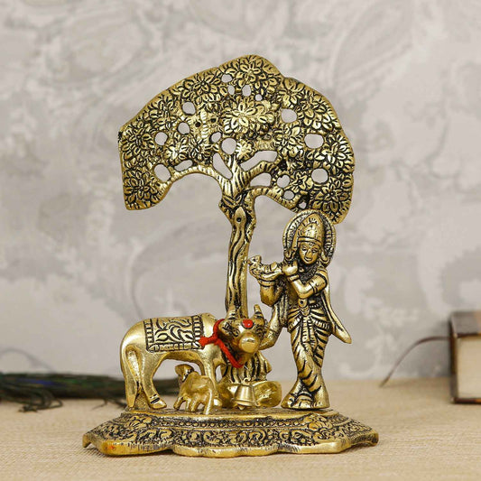 eCraftIndia Lord Krishna playing Flute under Tree with Golden Cow and Calf Showpiece - Harappakart