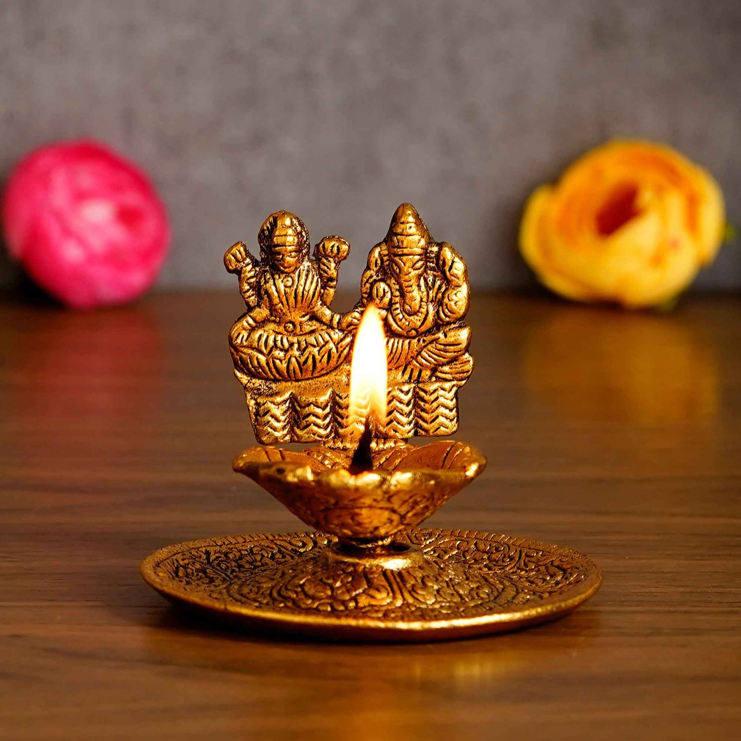 eCraftIndia Goddess Laxmi & Lord Ganesha Golden Metal Diya