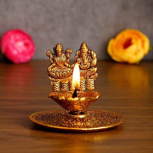 eCraftIndia Goddess Laxmi & Lord Ganesha Golden Metal Diya - Harappakart
