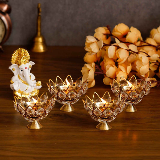 eCraftIndia Set of 4 Lotus Shape Crystal Tea Light Holder - Harappakart
