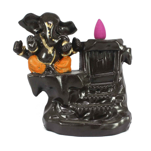 eCraftIndia Lord Orange Ganesha Smoke Backflow Cone Incense Holder Decorative Showpiece with 10 free Smoke Backflow Scented Cone Incenses - Harappakart