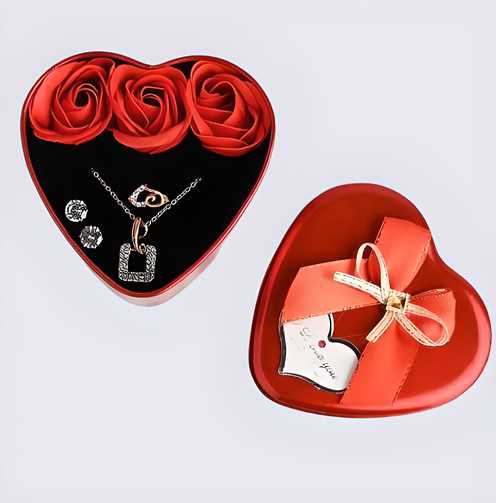 Floweraura Sparkling Love Adornments Jewelry & Artificial Flower in Heart Red Box Valentine's Gift -