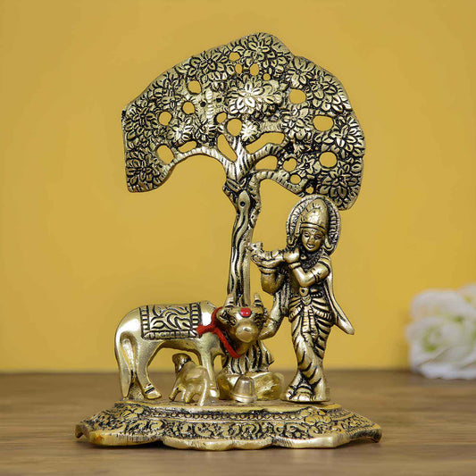eCraftIndia Lord Krishna playing Flute under Tree with Golden Cow and Calf Showpiece - Harappakart