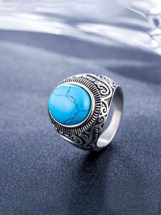 Men Silver-Plated Blue Stone Studded Oxidized Ring - Harappakart