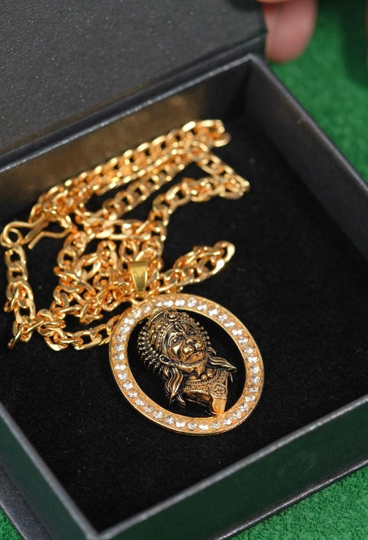 Gold-plated Hanuman Face Diamond Alloy Pendant Locket Set - Harappakart