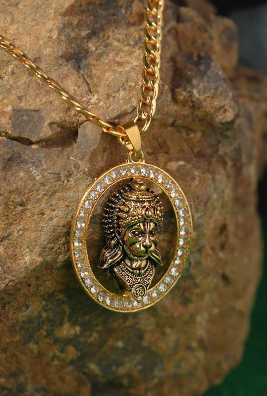 Gold-plated Hanuman Face Diamond Alloy Pendant Locket Set - Harappakart